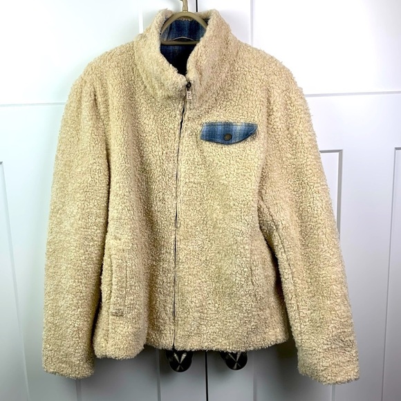 Pendleton Women Jacket XL Beige Sherpa Teddy Wool Blend Full Zip Mock Neck Plaid - Picture 1 of 8